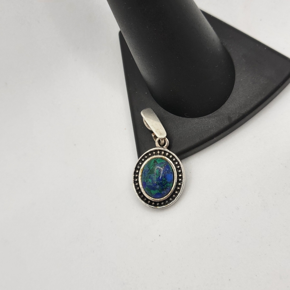 Sterling Silver Lazuli & Eilat Stone Pendant, Natural Blue-Green Gemstone Vtg
